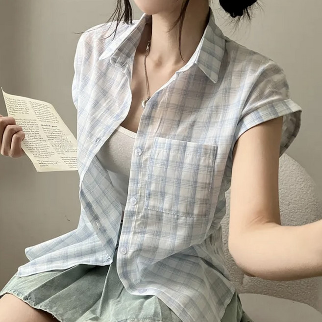 레티고 썸머무드 루즈핏 시스루 롤업 반팔 체크 셔츠 남방