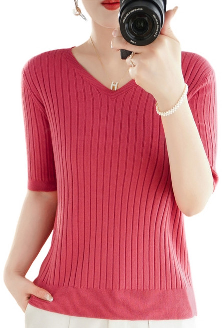 여성용 베이직 브이넥 골지 부드러운 반팔 니트
