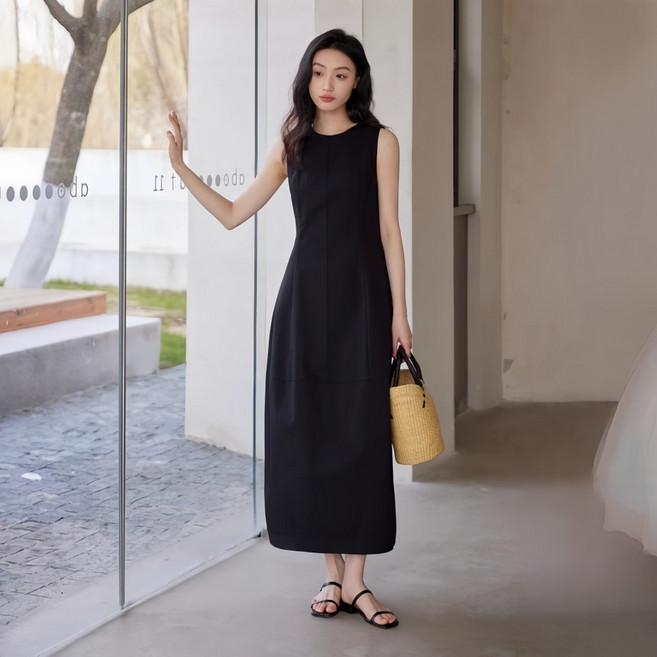 LUNATURE 심플 민소매 롱 원피스 여름 캐주얼 데일리룩