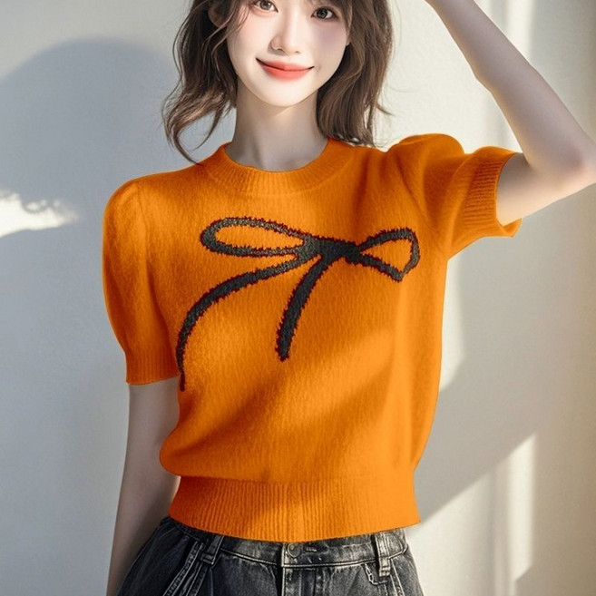 메인워크 여성 라운드넥 니트 반팔 티 봄가을 간절기 고급 리본 큐티 스판 루즈핏 레깅스 상의