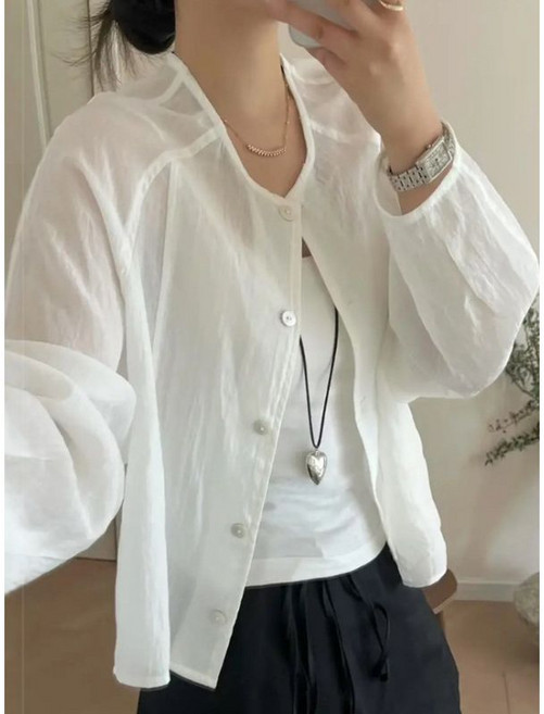 夏款圓領長袖防曬衫女寬鬆休閒薄外套小個子上衣, 白色,XL