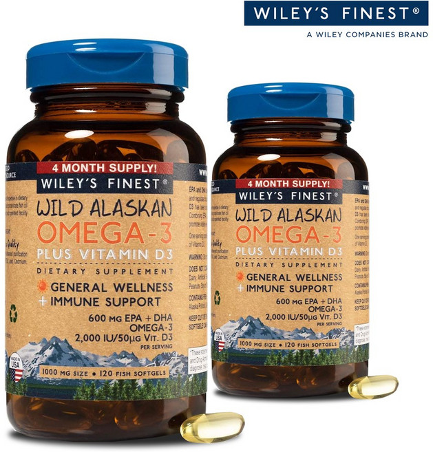 윌리스파이니스트 알래스카 오메가3 600mg EPA DHA 비타민D3 120정 2개, 2통