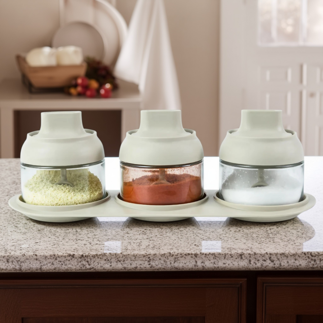 피라모니 일체형스푼 밀폐 유리 조미료통 양념통 세트, 3개, 300ml