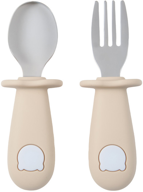 베어블리 이유식 실리콘 스텐 스푼 포크 세트, 1개, 베이지