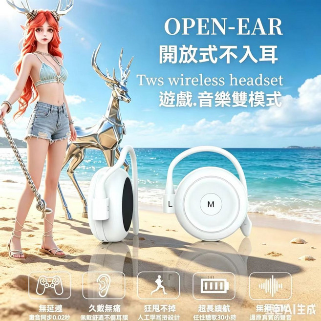 OPEN-EAR 開放式不入耳 TWS 無線耳機 遊戲音樂雙模式 低延遲, 白寶石