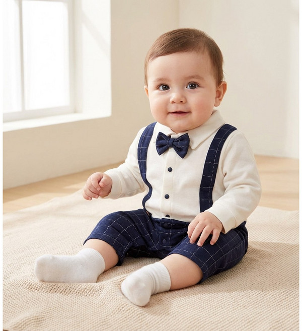 로이앤한나 남아 남자아기 존 체크 정장 보타이 멜빵 우주복