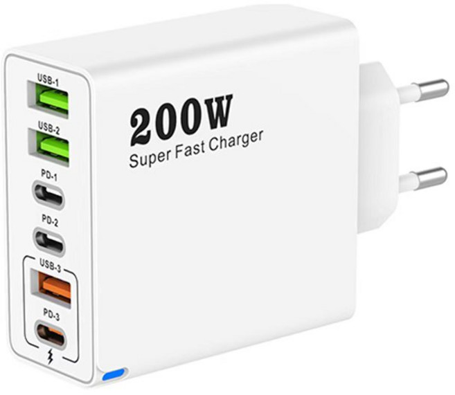 6포트 200W 초고속 멀티 충전기 3USB+3PD, 흰색, 1개