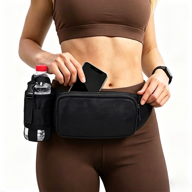 러닝벨트 힙색 방수 초경량 흔들림방지 물병수납 아웃도어 등산 남녀공용, 블랙, 1개