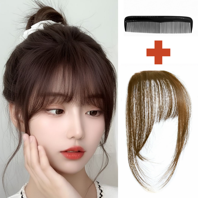 폴케이 인모 100% 프리미엄 앞머리 가발, 1개, 라이트 브라운+휴대용 빗
