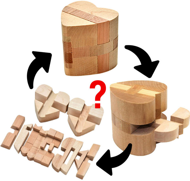 우드 3D 나무 입체 퍼즐 조립 조각 맞추기 큐브 하트모양, 1개, 원목, 12피스