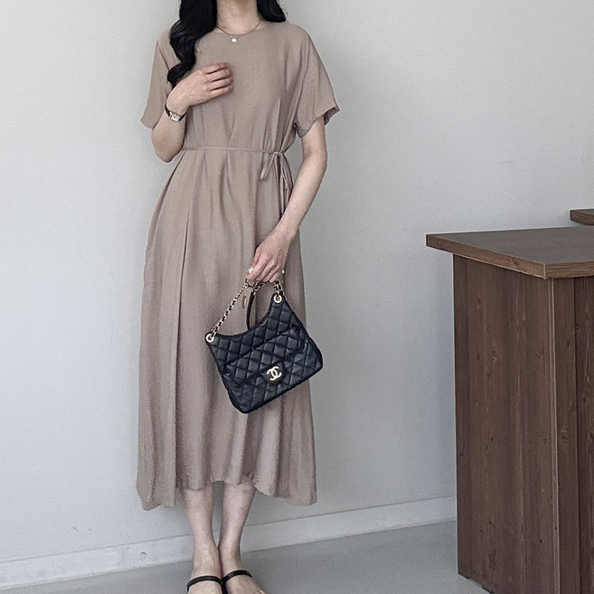 [행복여] 리번즈 허리 끈 세트 플레어 반팔 롱 원피스