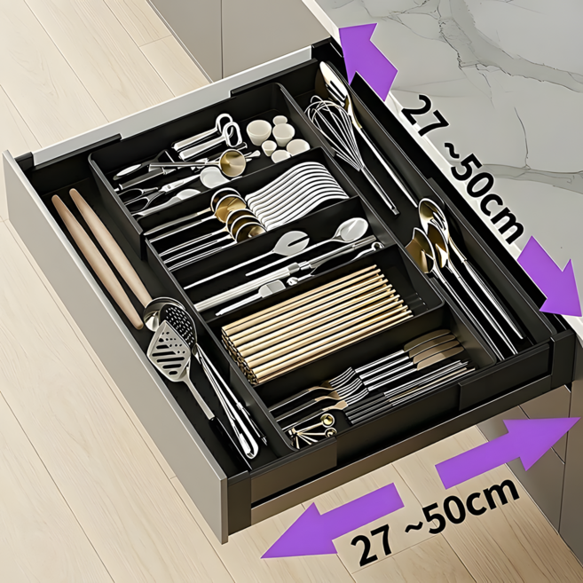 2FAC 길이조절 모듈형 수저정리함 확장가능, 블랙, 1개