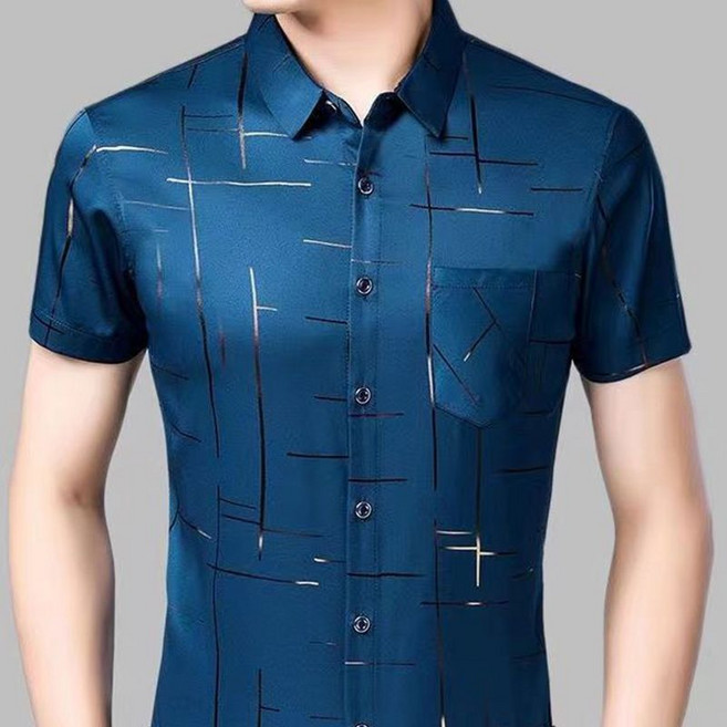블라벨리 남성 실크 셔츠 반팔셔츠 비즈니스 댄스복 캐주얼 남방 시원한 중년 아빠룩 프린트 냉감티 ZH1006, 블루2