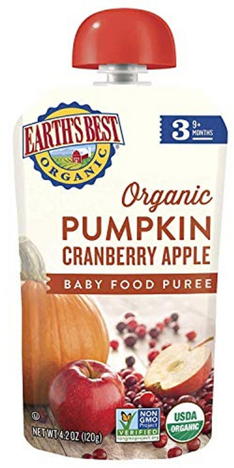 Earths Best 유기농 3단계 이유식 호박 크랜베리 ​​사과 120g 파우치 12팩 가공이유식 이유식 출산 육아 퓨레