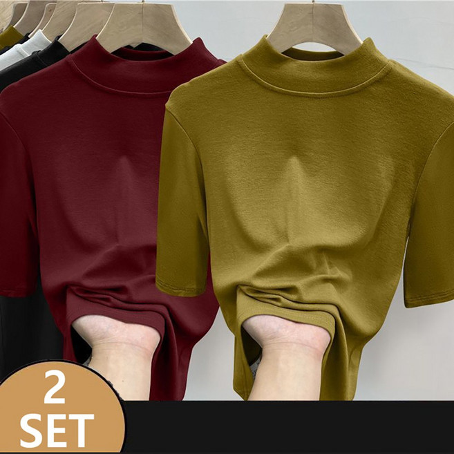 ROYALBELLE 2장묶음 여성 5부소매 슬림핏 반폴라 심플 데일리 티셔츠 S082719