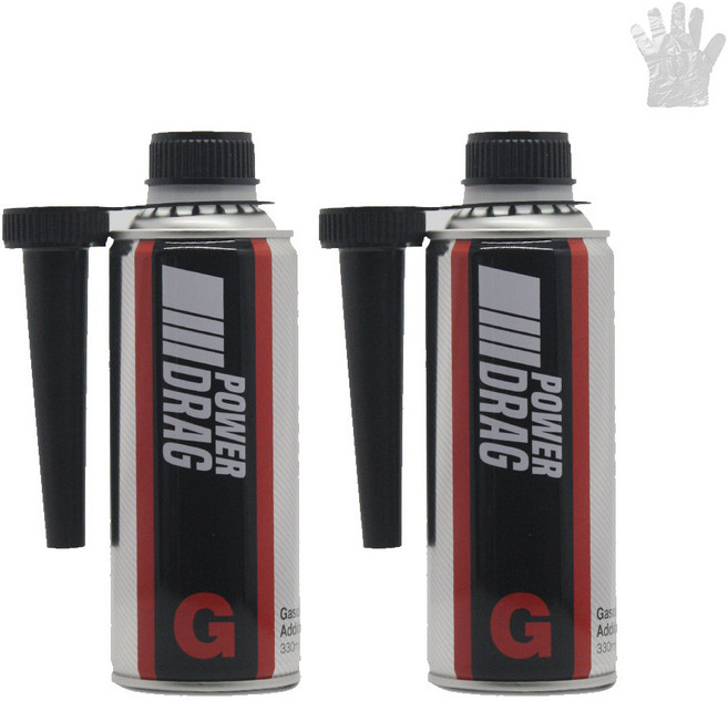 파워드래그 가솔린 330ml x 2개 휘발유 연료첨가제 옥탄부스터 인젝터클리닝 클리너 크리너 엔진세정제 카본 때 제거+비닐장갑 1장