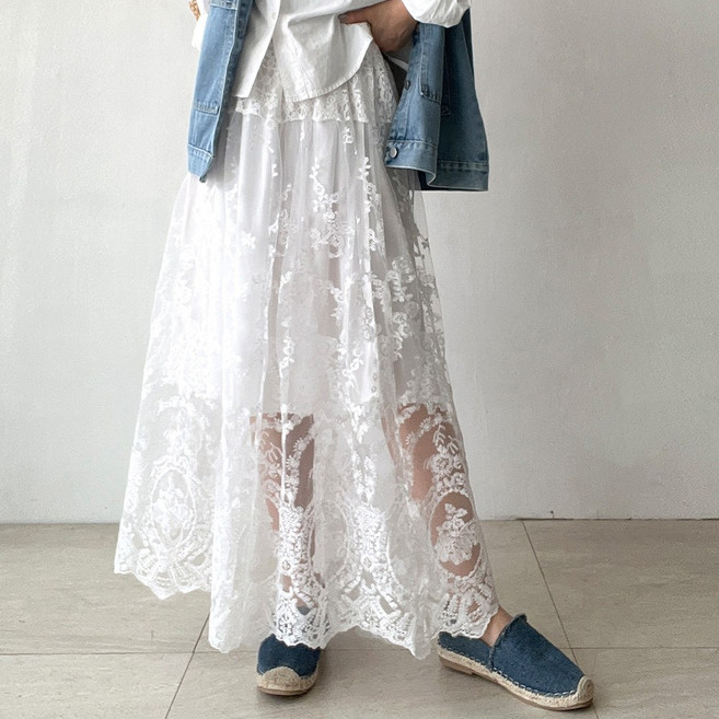 네모엔룩 맥시플로럴 여성 허리밴딩 레이스 자수 망사 티어드 플라워패턴 시스루 맥시 롱 스커트