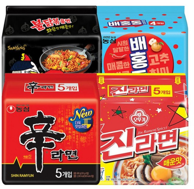 농 심 신라면5봉+진라면매운맛5봉+불닭볶음면5봉+배홍동비빔면4봉, 20개