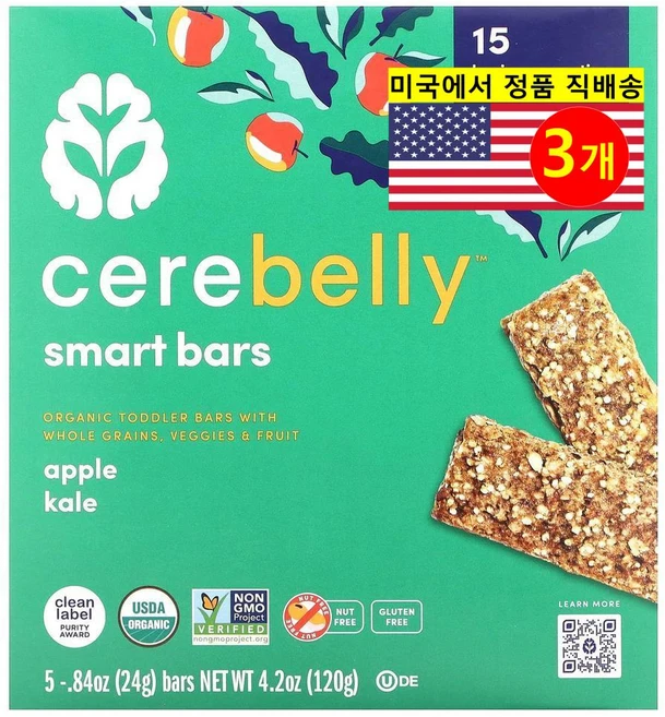 Cerebelly 유아용 오가닉 사과 케일 스낵 바 5개입 120g 3개 - 쿠팡