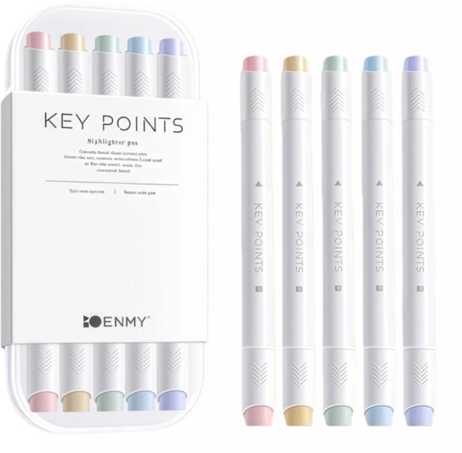 듀얼팁 형광펜 5색 1세트 케이스 포함 | 굵은팁+가는팁 양면 하이라이터 | 노트정리 다이어리, 5개, 모란디