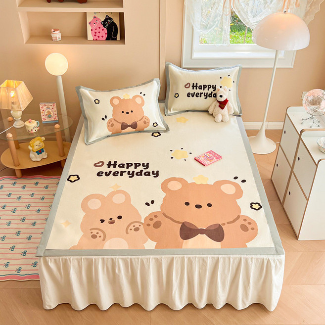 卡通冰絲涼蓆三件套 學生宿舍可愛床單床笠兩件套, 小熊泡-平鋪款,150cmx200cm