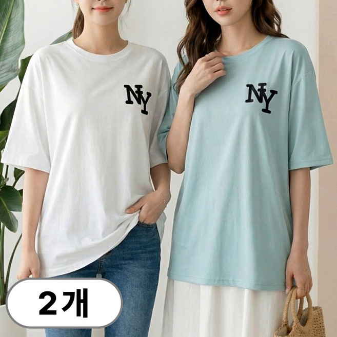 [1+1] 스타일아유 여성 여름 오버핏 반팔 티셔츠 빅사이즈 NY 여자 루즈핏 롱 박스 티셔츠