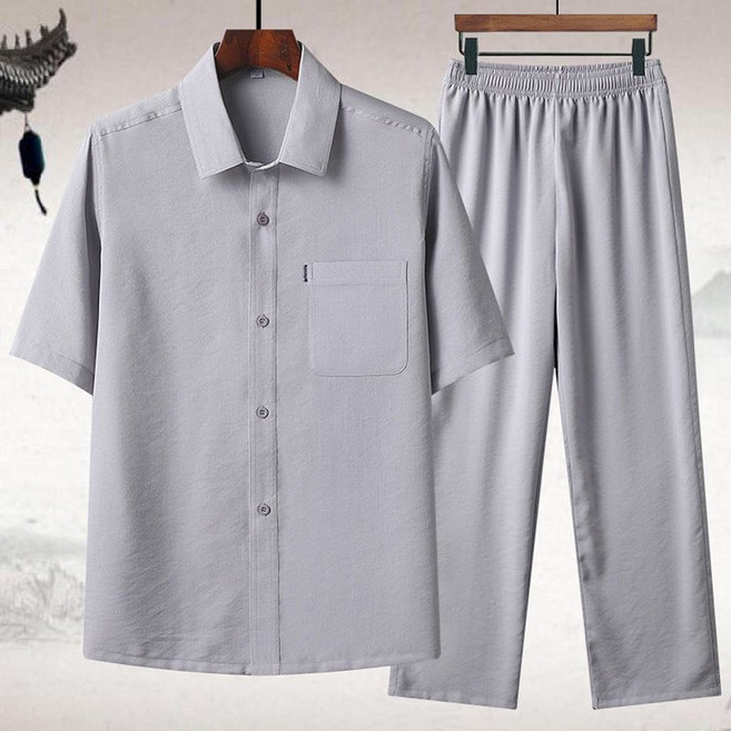 ORZQU 여름 남성 중장년 캐주얼 솔리드 반팔 셔츠 스포츠 긴바지 투피스