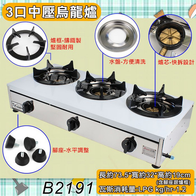 大慶 三口中壓烏龍爐 B2191 鍋燒爐 快速爐 海産爐 瓦斯爐 商用瓦斯爐, 1個, 烏龍爐瓦斯入口左