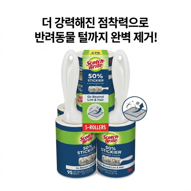 3M 스카치브라이트 돌돌이 린트롤러 95매 테이프 클리너, 5개