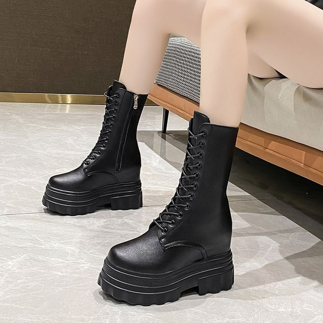 별후이 여성용 가을 겨울 높이다10cm 앵클 부츠 캐주얼 송편 통굽 스트링 집업 워커 부츠11dg11LL