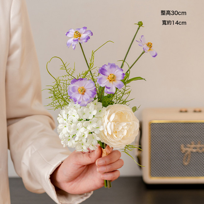 虞美人花束仿真花絹花擺花客廳餐桌裝花插花裝飾花假花手捧花批發, 1件, 白色短枝茶玫奶白雪球5頭小雛菊手札花:1個