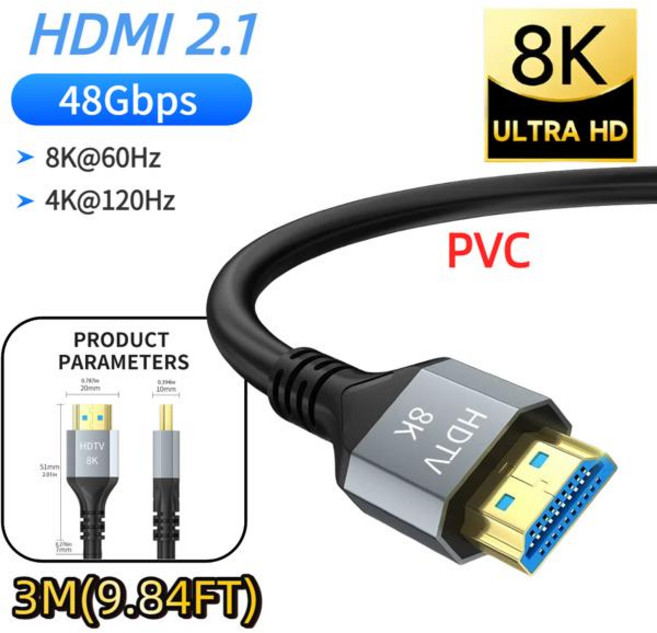 dptohdmi젠더 케이블 모니터 튼튼한케이블 16K@60Hz HDMI 2.2 케이블은 8K@120Hz 4K@240Hz를 지원하며 8K/4K 케이블과 호환되며 HD TV 노트북, 8k hdmi2.1(PVC)-2M, [14] 8k hdmi2.1(PVC)-3M