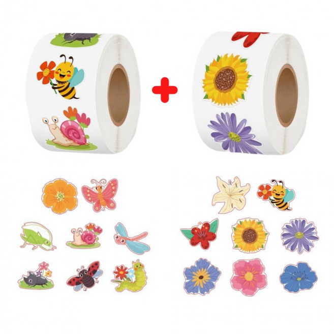 1000pcs 2롤 세트 꽃 나비 잠자리 스티커, 2세트, 혼합(S755) 1000개입