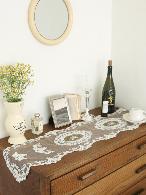 로즈페탈 자수 레이스 러너 테이블 식탁 덮개 깔개, 120cm