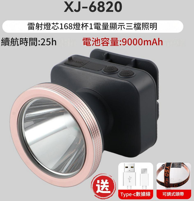 XJ-5911 強光LED充電式頭燈 159燈杯三檔照明, XJ - 6820續航25小時10000毫安21700電池, 1個