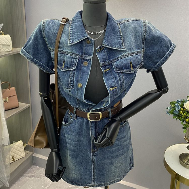 여름 여성 반팔 데님 원피스 빈티지 워싱 슬림핏 데님 스커트 캐주얼 여자 미니 청원피스 LT