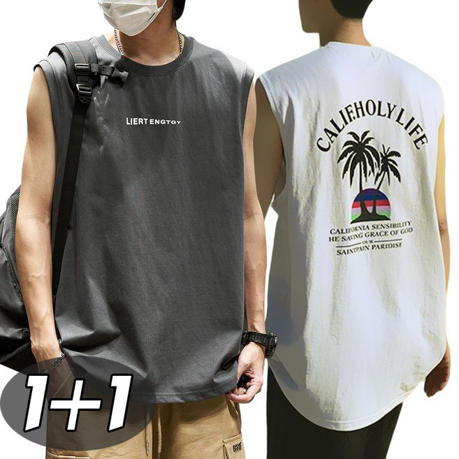 별하늘 [1+1] 남성 여름 스판 캐주얼 민소매 냉감 프린트 오버핏 라운드 티셔츠 2P