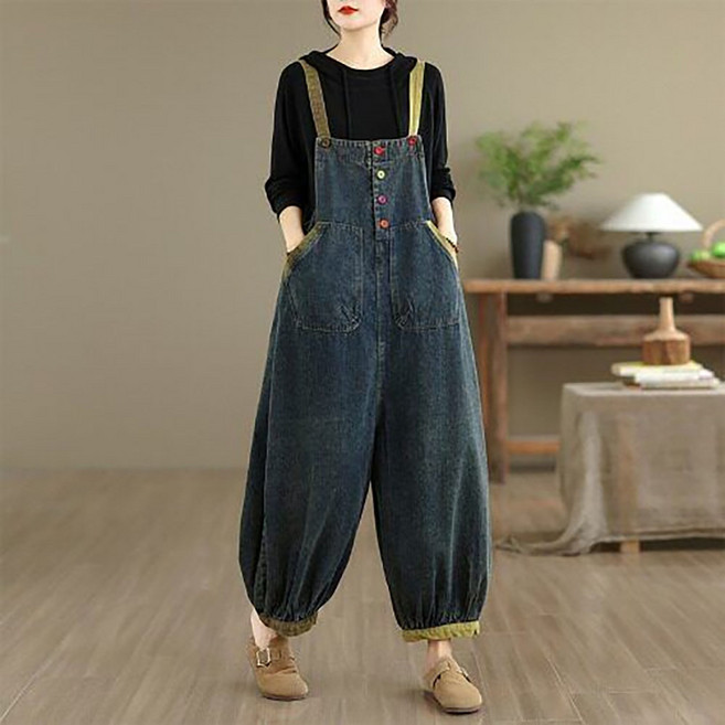 지고다그 봄 가을 여성 데님 멜빵 팬츠 루즈핏 배기핏 9부 기장 배색 디테일 가벼운 착용감 ZXA0591