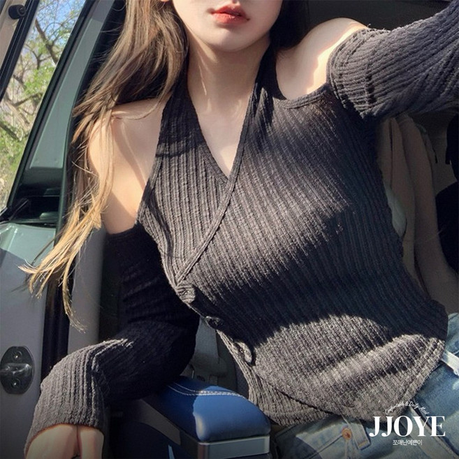 쪼예 청순 글램 브이넥 오프숄더 홀터넥 랩 크롭 긴팔 티셔츠