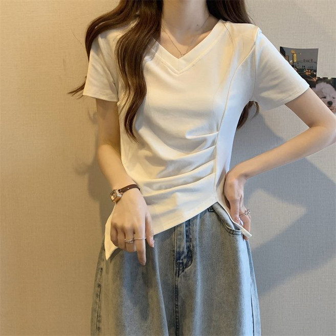 TIMEPURE 여성 여름 반팔 티셔츠 V넥 주름 디자인 비대칭 반소매 시원한 슬림핏 데일리 캐주얼 베이직 탑