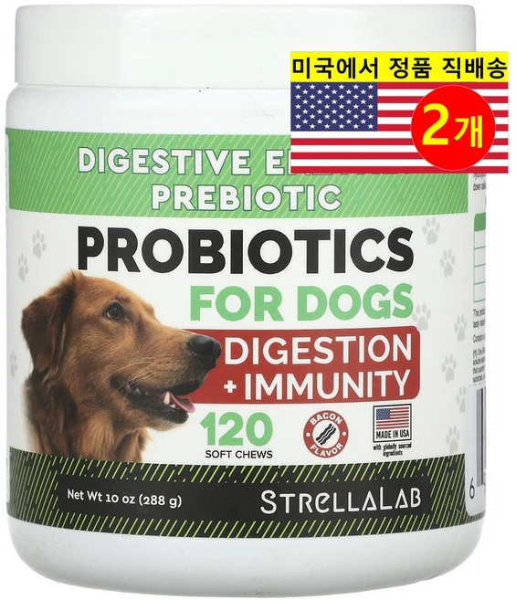 StrellaLab 강아지용 장 소화 면역 건강 관리 프로바이오틱스 베이컨 소프트 츄 120개입 288g 1개, 2개 - 쿠팡