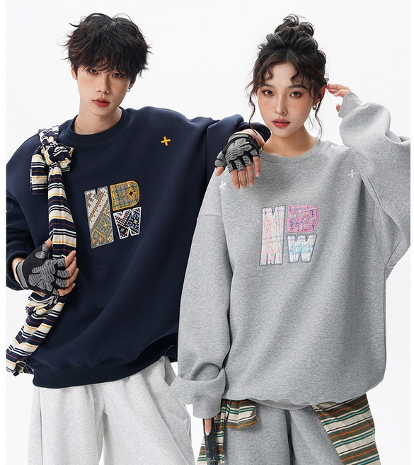 ANYOU 남녀공용 면질 맨투맨 베이직 오버핏 긴팔 티셔츠 레터 자수 맨투맨