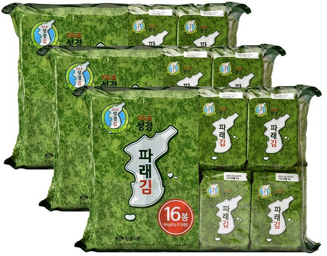 [성경김본사] 지도표성경 파래 식탁김 4gx16봉x3개(총48봉), 4g, 48개