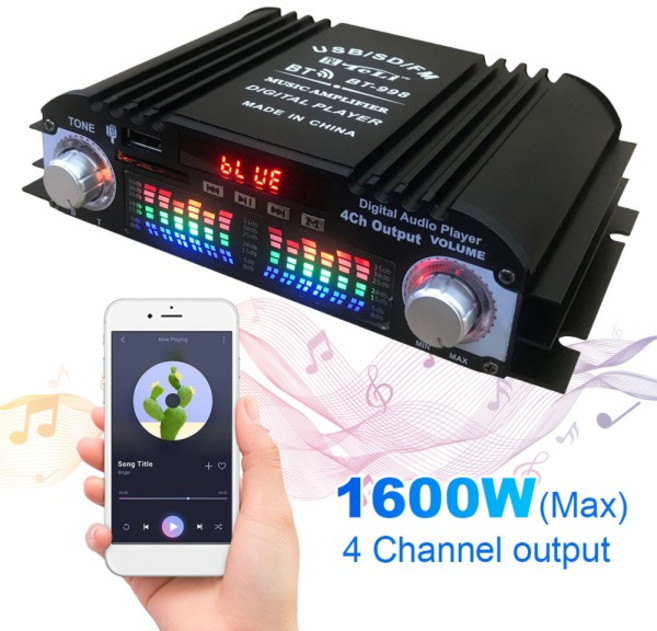 1600W 피크 전력 홈 자동차 전력 증폭기 FM 라디오 USB 블루투스 호환 4 채널 블루투스 호환 사운드 원격
