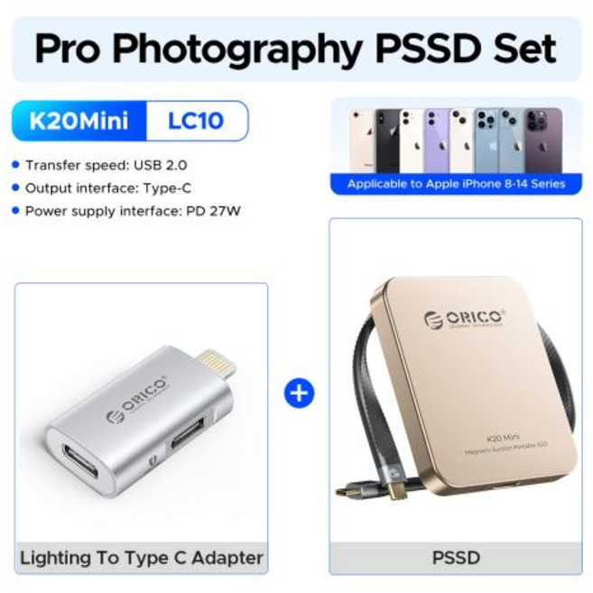 ORICO K20Mini 마그네틱 외장 SSD 아이폰 17 16 프로/맥스 프로레스 2000MB/s 4K HDR 녹화 및 저장 휴대용 솔리드 스테이트, 6)2TB, for Adapter Set