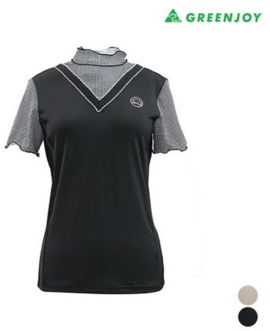 그린조이 여성 체크 배색 V넥 폴라 티셔츠