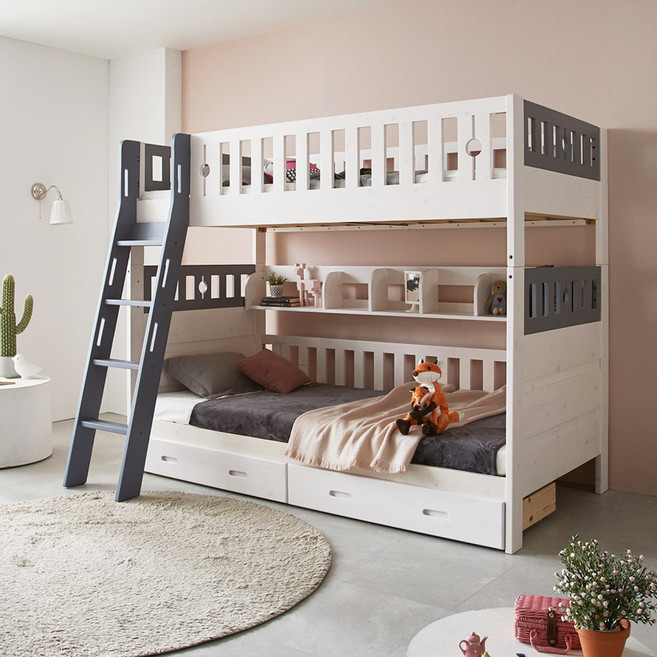 파로마 블랑 원목 분리형 이층침대 경사형 서랍_포켓매트리스 포함, 워시+그레이