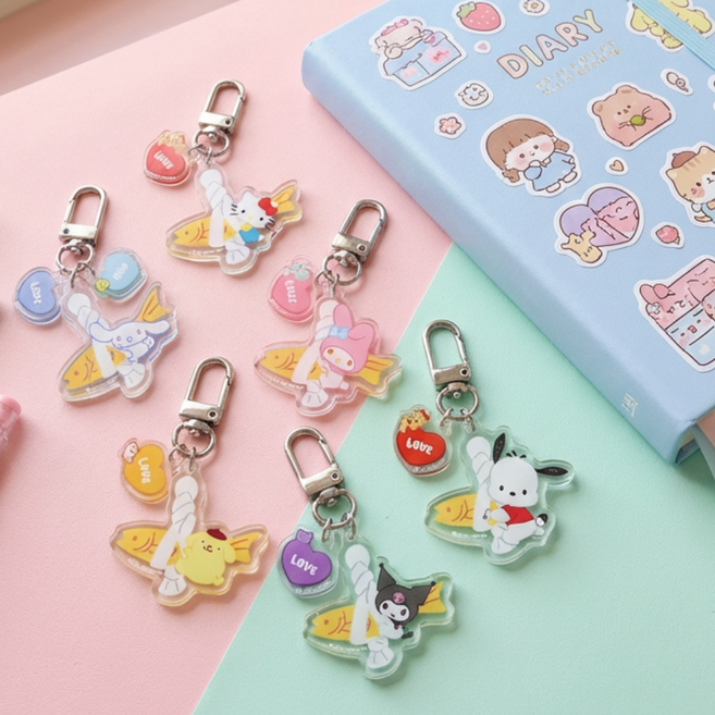 산리오 액막이 키링 헬로키티 마이멜로디 시나모롤 포차코 폼폼푸린 쿠로미, 1개