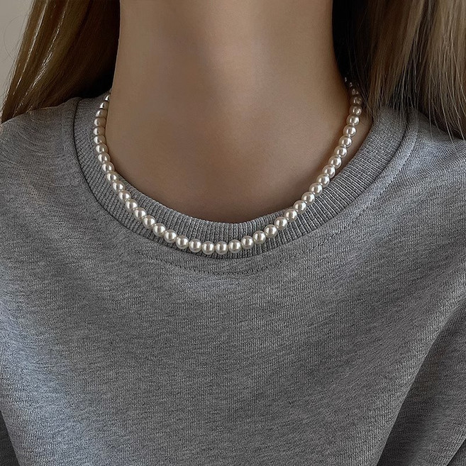 6mm 진주 실버 볼드 베이직 레이어드 목걸이