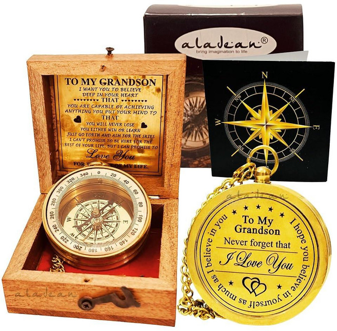ALADEAN Brass Grandson's Divine Path Finder 나침반 - 인용문 각인 나무 상자 고양 선물, ALADEAN BRA 브라ss GrAND &sON 온'